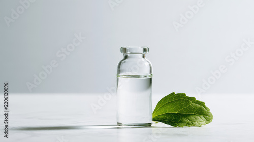 Leaf extract vial beside fresh green leaf white marble, creating clean natural sweetness concept with clear liquid, soft daylight, minimal styling, and ample negative space for calm presentation