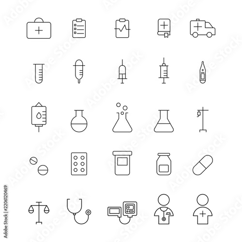 Medical and healthcare line icon set with medicine, lab equipment, doctor, and ambulance for UI UX web design