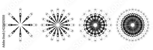  Black grunge radial sunburst starburst set on vector. Four distressed ink splatter rotation mandala variations from sparse to dense.
