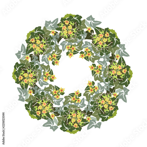 A beautiful stylized floral ornament featuring ivy leaves and flowers. A rhythmic botanical pattern. A vintage botanical composition with fanciful plant elements.