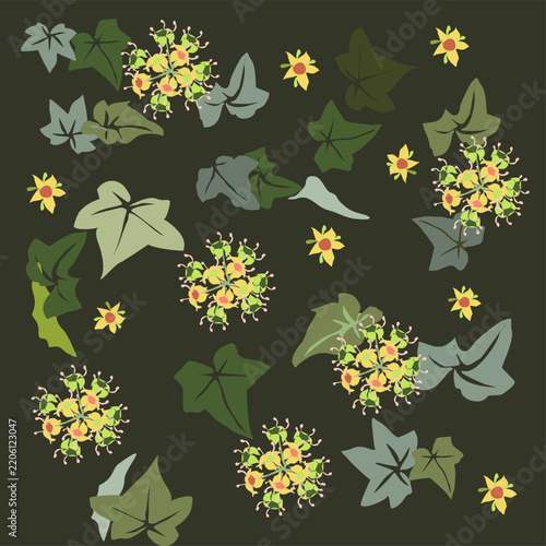A beautiful stylized floral ornament featuring ivy leaves and flowers. A rhythmic botanical pattern. A vintage botanical composition with fanciful plant elements.