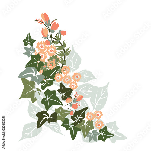 A beautiful stylized floral ornament featuring ivy leaves and flowers. A rhythmic botanical pattern. A vintage botanical composition with fanciful plant elements.