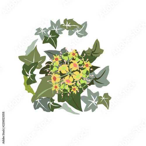A beautiful stylized floral ornament featuring ivy leaves and flowers. A rhythmic botanical pattern. A vintage botanical composition with fanciful plant elements.