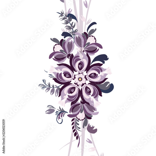Greeting card - With best wishes. Petrykivka painting. Beautiful stylized floral ornament. Floral rhythmic pattern. Vintage botanical composition of fantastic plant elements