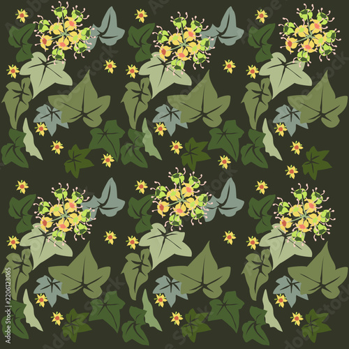 A beautiful stylized floral ornament featuring ivy leaves and flowers. A rhythmic botanical pattern. A vintage botanical composition with fanciful plant elements.