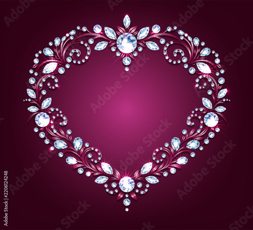 Heart-shaped frame with realistic diamonds on a burgundy background. Template for a banner, poster, gift card, or invitation. Vector