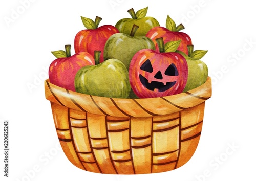 Watercolor Halloween apple basket with carved jack o lantern pumpkin cute harvest illustration isolated on white background