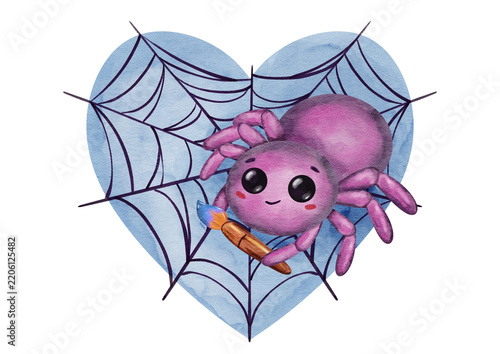 Cute purple spider with cobweb heart shape watercolor halloween clipart illustration isolated on white background