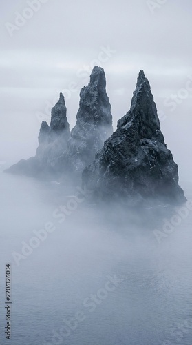Misty volcanic rock formations rising from ocean waters for travel poster or adventure branding