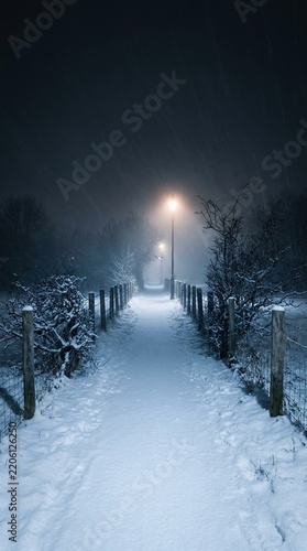 Snowy Path at Night Illuminated by Street Lamp with Copy Space