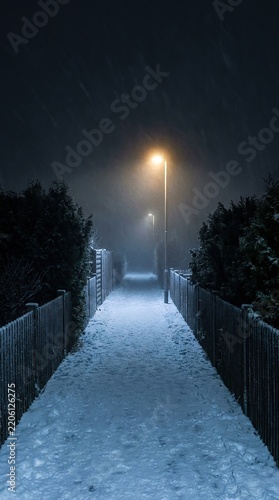 Snowy pathway at night illuminated by a street lamp with copy space