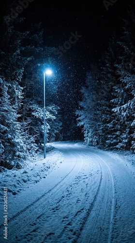 Snowy Forest Road at Night Illuminated by Street Lamp with Falling Snow