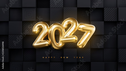 Happy New 2027 Year. Holiday vector illustration of golden metallic numbers 2027 on geometric black background. Realistic 3d sign. Festive poster or banner design