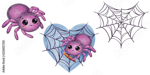 Cute purple spiders with heart cobweb watercolor halloween clipart set isolated on white background