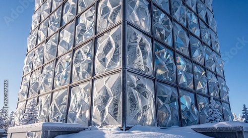 Modern Faceted Glass Building in Snowy Winter Landscape