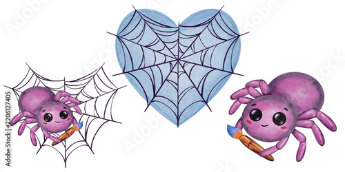 Cute purple spiders with heart cobweb watercolor halloween clipart set isolated on white background