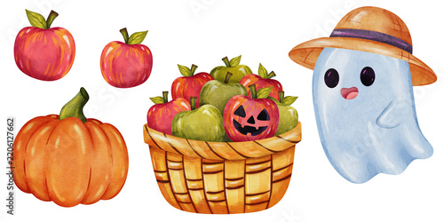 Watercolor halloween gardening set with cute ghost gardener apple basket and pumpkin isolated on white background