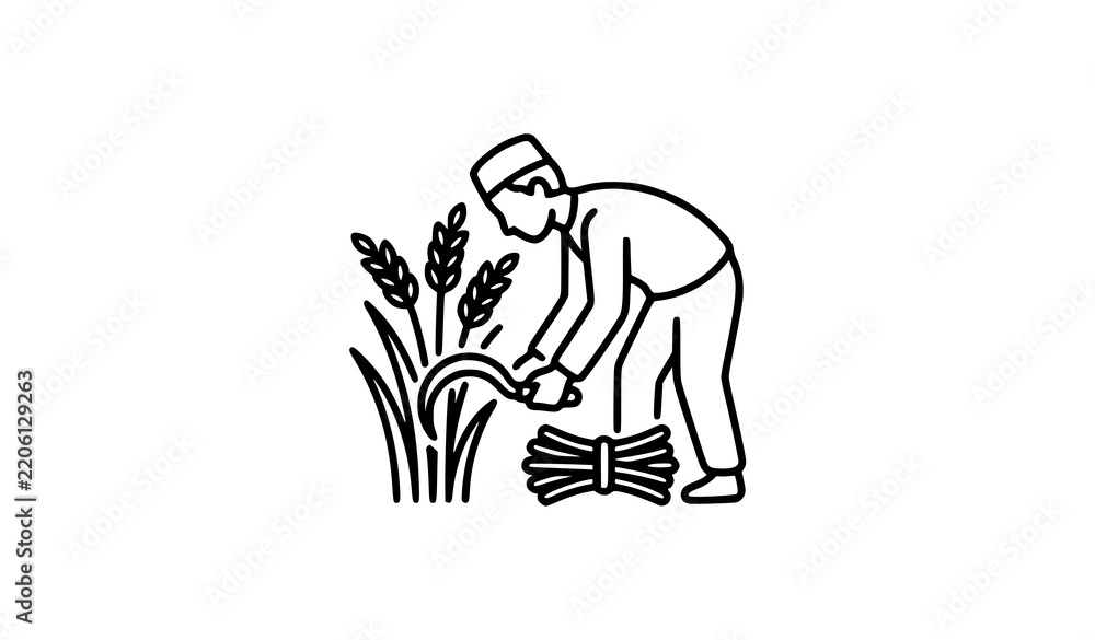 Fototapeta premium Young Farmer Harvesting Rice with Tied Bundle Minimal One Line Vector Icon