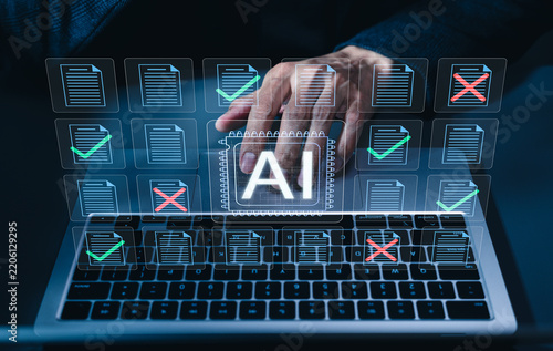 AI document review automation and compliance validation concept. Person using laptop with document files, green approval checks, red rejection marks, quality control, audit workflow, digital accuracy