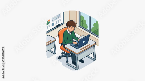 Professional of Student Working on Laptop at Modern Office Desk with Large Windows and Computer Screens