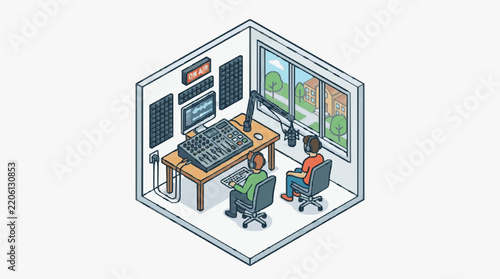 Professional Radio Broadcasting Studio Setup with Two Hosts Audio Mixer Monitors and Microphones in Isometric View