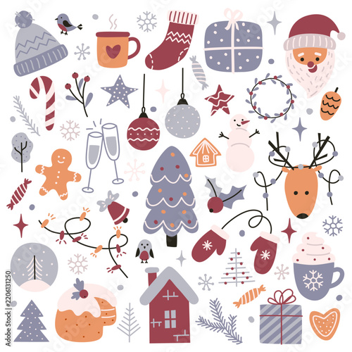 A set of winter holiday elements in doodle style