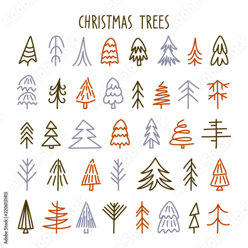 A set of winter holiday trees in doodle style