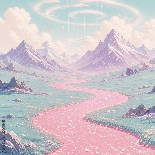 Pink winding road through a pastel mountain valley and snowy peaks