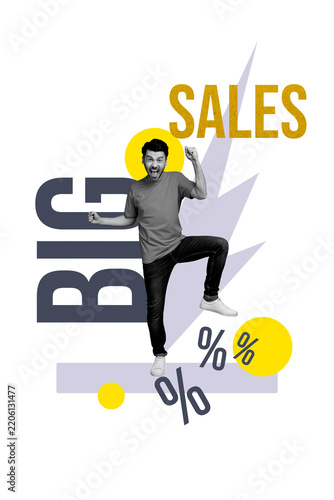 Obraz na plátně Vertical collage image young man celebrate black friday big sales discounts shop
