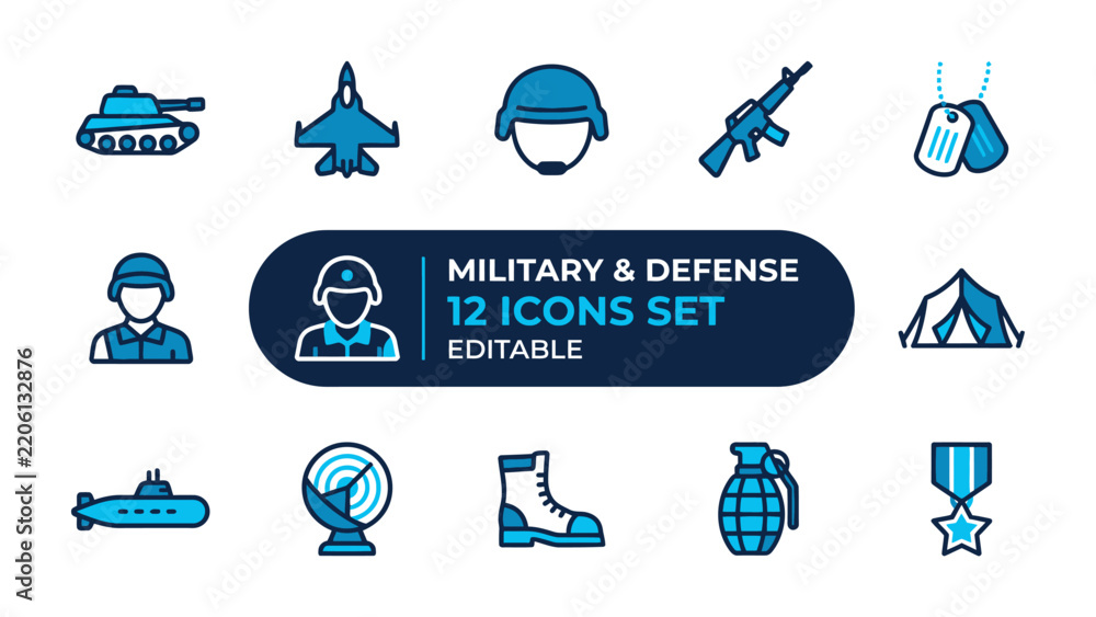 Obraz premium Military and Defense Icons Set: A collection of stylized icons representing various aspects of military and defense, including a tank, fighter jet, helmet, rifle, dog tags, soldier, tent, submarine.