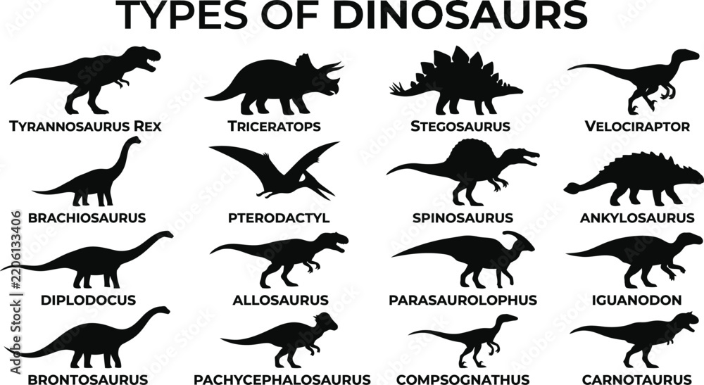 Fototapeta premium Prehistoric paleontology dinosaur reference chart vector illustration showcasing diverse dinosaur species silhouettes including Tyrannosaurus Rex, Triceratops, Stegosaurus, Velociraptor,.