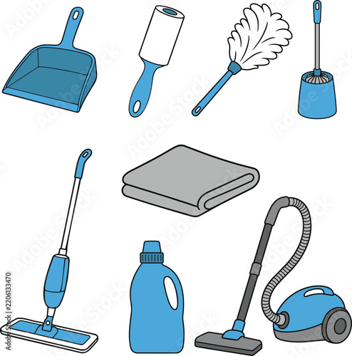 Colorful Household Cleaning Tools Collection Minimal Vector Set