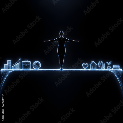 Silhouette of a person balancing between career finance family and personal life