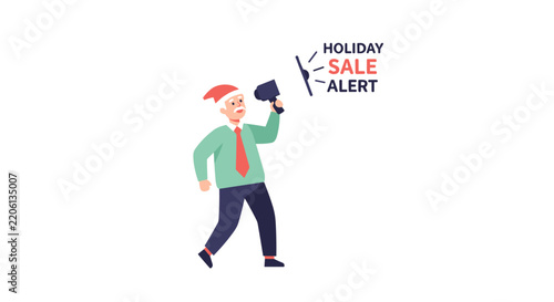 Black Friday and Holiday Sale Alert Illustration Featuring a Man with Santa Hat Holding a Megaphone Vector Design for Seasonal Promotional Marketing
