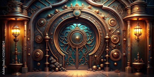 Ornate fantasy portal with intricate brass patterns glowing lanterns circular vault door and turquoise metal walls