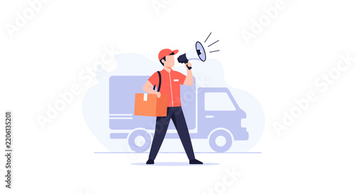 Black Friday Delivery Service Vector Illustration Featuring Courier Holding Package and Megaphone for Sale Announcement in Flat Minimal Style