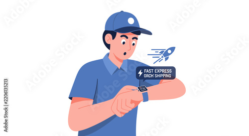 Black Friday Delivery Service Vector Illustration of Courier Man Checking Smartwatch for Fast Express Shipping Orders on Flat Minimal Style Graphic.
