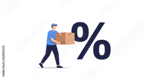 Black Friday sale vector illustration showing a delivery courier carrying a parcel box next to a large percentage symbol for shopping discount concept.