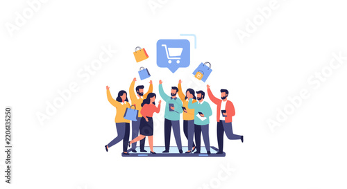 Black Friday online shopping vector illustration with people celebrating and holding bags on smartphone for mobile commerce and big sale event.