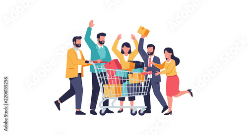 Black Friday sale vector illustration with happy people pushing a shopping cart full of gift boxes in flat minimal style for commercial promotion.