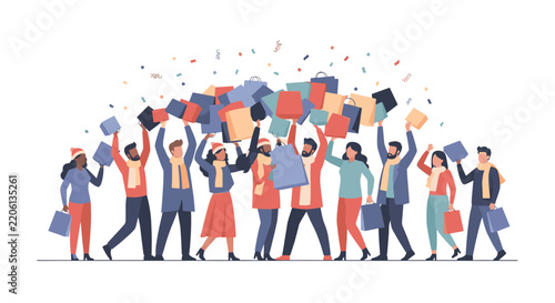 Black Friday shopping sale event vector illustration featuring a crowd of happy diverse people carrying colorful bags and celebrating with confetti.