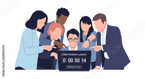 Black Friday Cyber Monday Launch Illustration with Diverse Business Team Pointing at Laptop Countdown Screen for Midnight Sale Event Vector Design