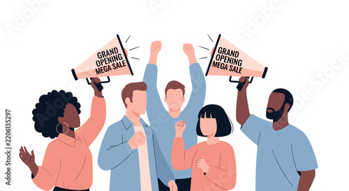 Black Friday Vector Illustration of Happy People with Megaphones Promoting Grand Opening Mega Sale Event Flat Minimal Style Design for Shopping