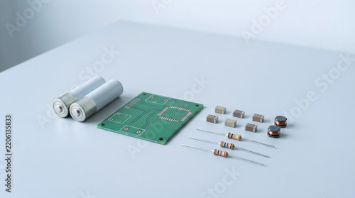 A pair of 2aa batteries alongside a green circuit board, electronic components, and resistors on a white table