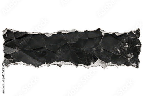 Torn black paper strip with rough white edges, distressed grunge texture for poster design, collage layouts, scrapbooking, and editorial projects on clear background
