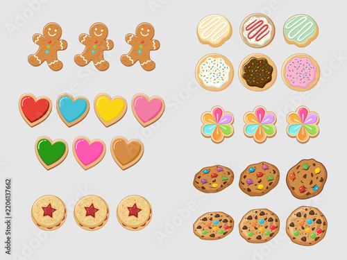 A colorful collection of illustrated cookies arranged on a light gray background, featuring gingerbread men, heart-shaped, flower-shaped, frosted round, sandwich cookies, and chocolate chip cookies.