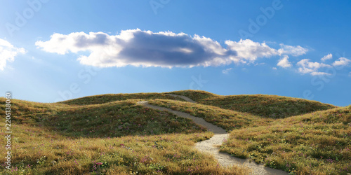 Dry grassy hills with winding dirt path under dramatic blue sky – 3D rendering.