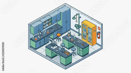 Sleek Isometric of a Modern Chemistry Lab with Blue Green Workstations Glassware and Safety Equipment