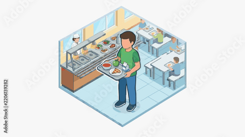 Sleek Isometric of a Modern Cafeteria with Dining Staff Serving Meals on Colorful Trays with high quality professional line art symbols for modern creative design and digital branding projects