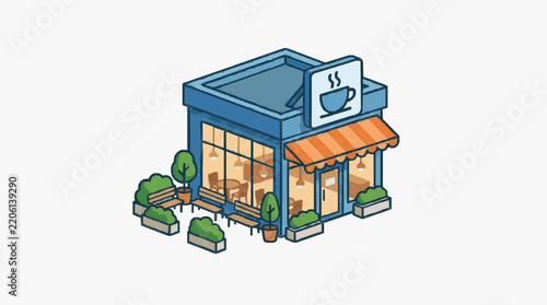 Sleek Isometric of a Modern Coffee Shop with Blue Exterior Orange Awnings and Cozy Outdoor Seating